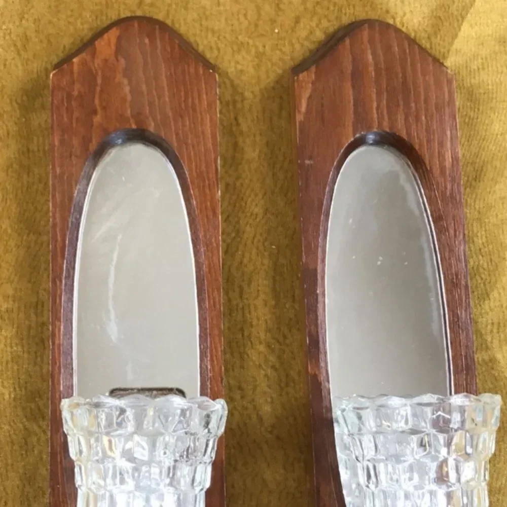 Vintage Home Candles Sconces Wall Mirrors Wood And Glass Pair